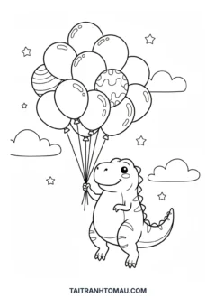 Tranh tô màu T-Rex cầm bóng bay