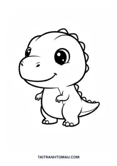 tranh tô màu khủng long cute nét to, T-rex chibi đầu to ngộ nghĩnh.
