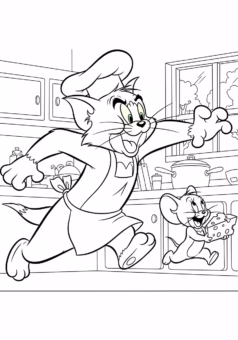 Tranh tô màu Tom and Jerry Tom mắc kẹt hàng rào
