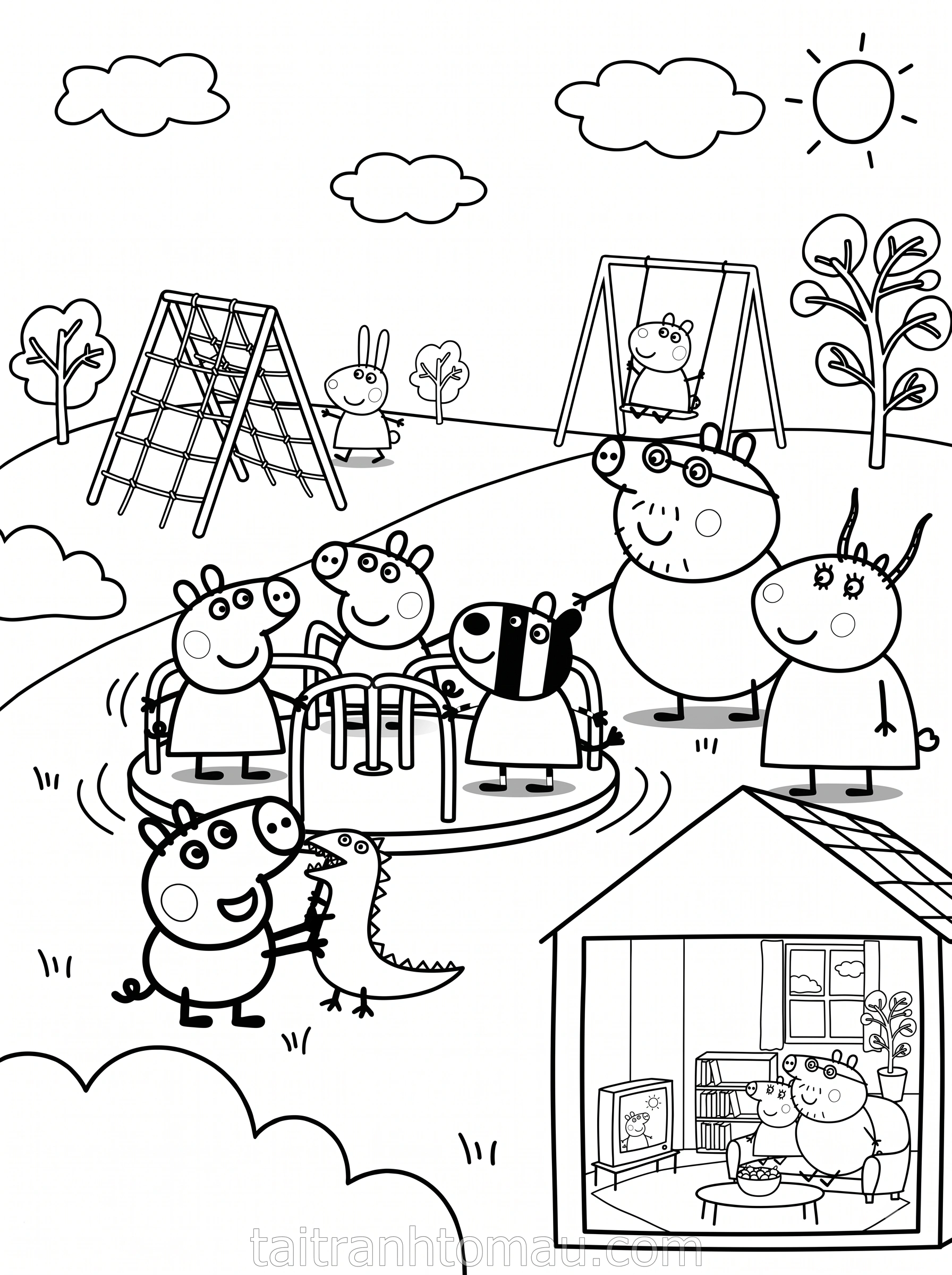 Tranh Tô Màu Peppa Pig Và Gia Đình Heo: Tải Miễn Phí 3 Tranh tô màu peppa pig cùng chơi ở công viên