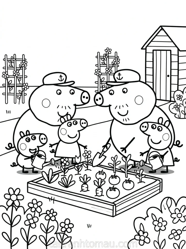 Tranh tô màu peppa pig trồng cây