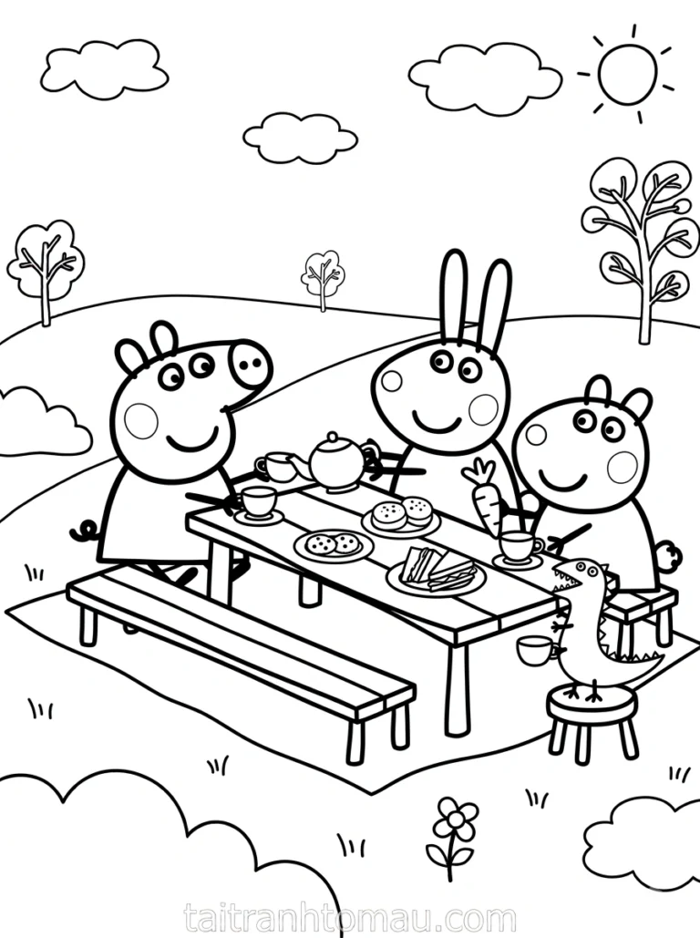 Tranh tô màu peppa pig uống trà