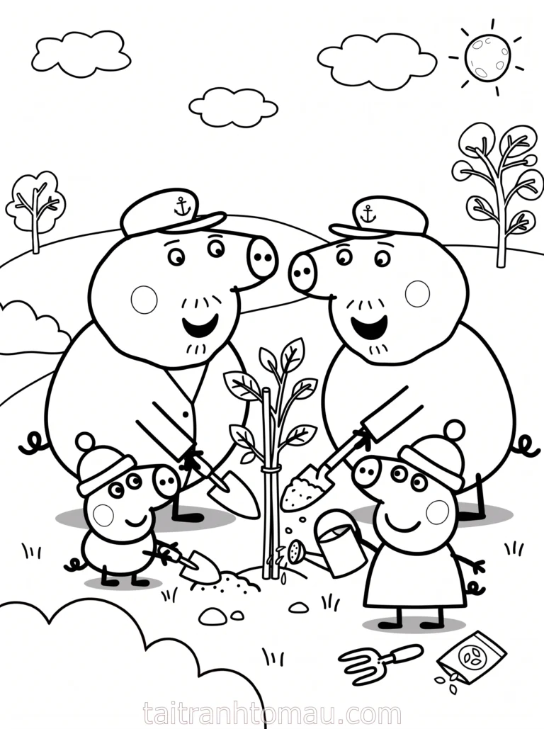 Tranh tô màu peppa pig trồng cây