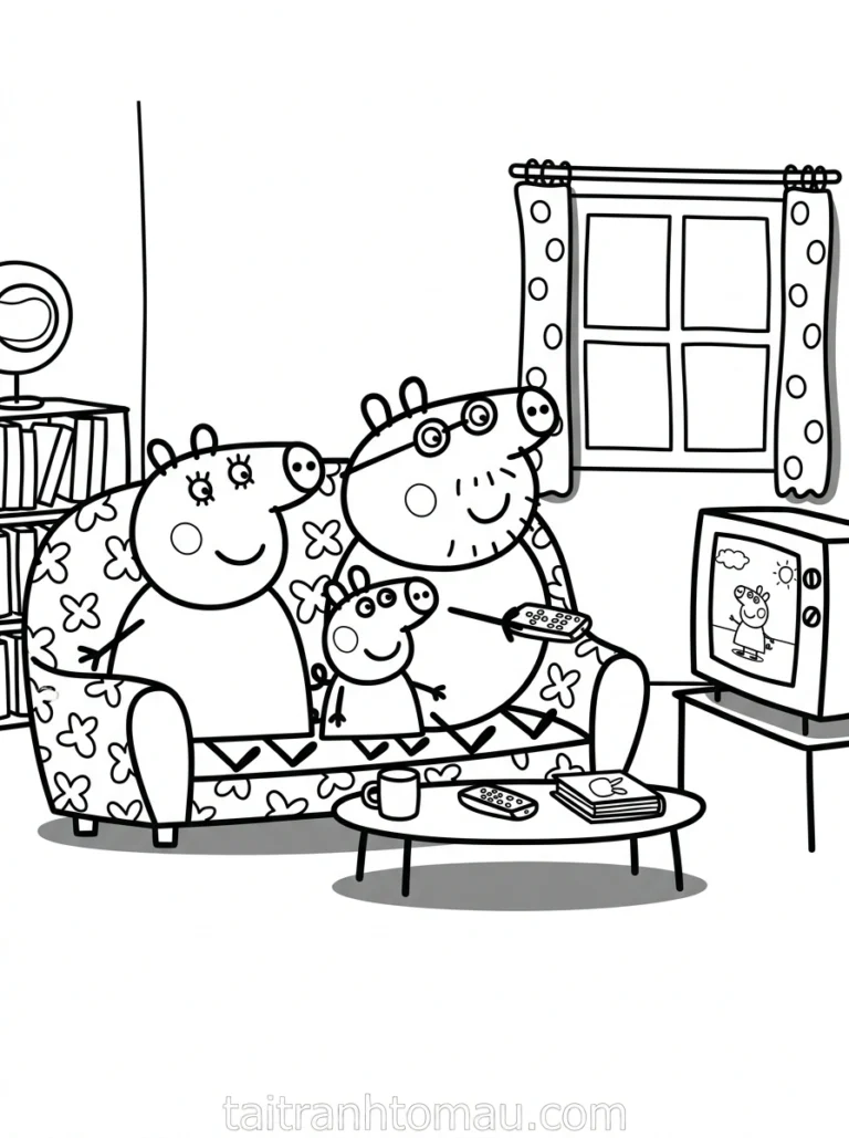 Tranh tô màu peppa pig cùng xem ti vi ở nhà
