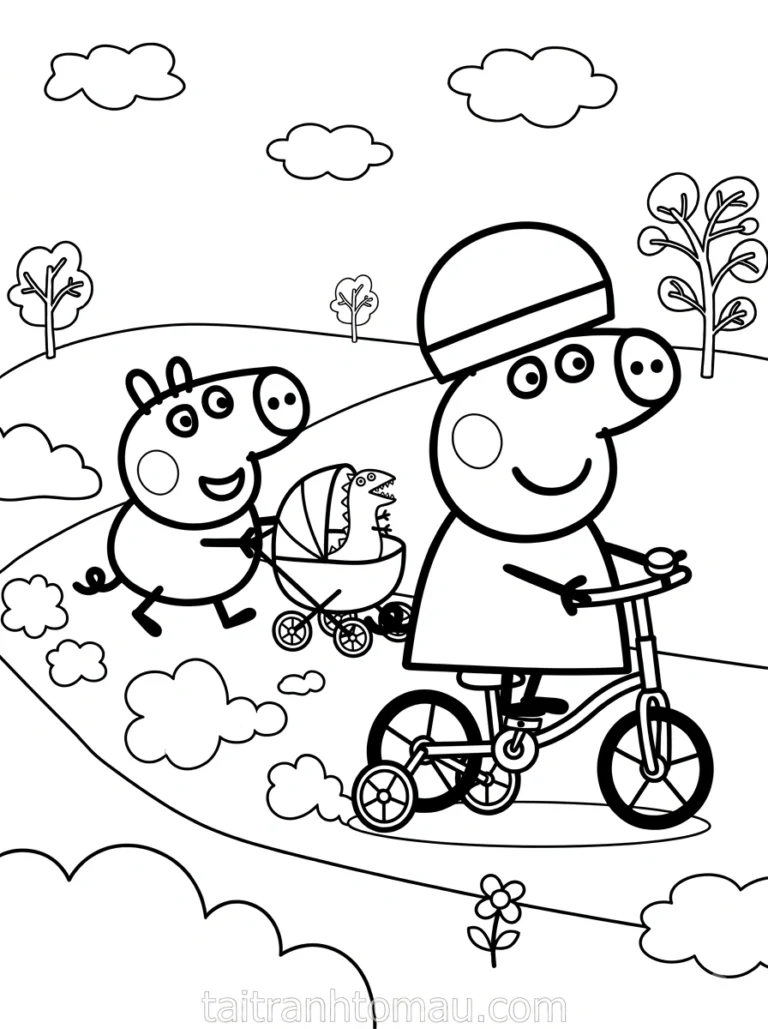Tranh tô màu peppa pig đạp xe đi chơi