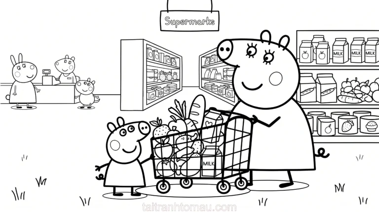 Tranh tô màu peppa pig đi siêu thị