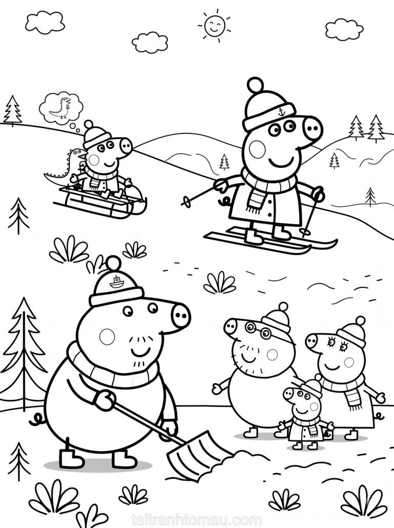 Tranh tô màu peppa pig đi trượt tuyết