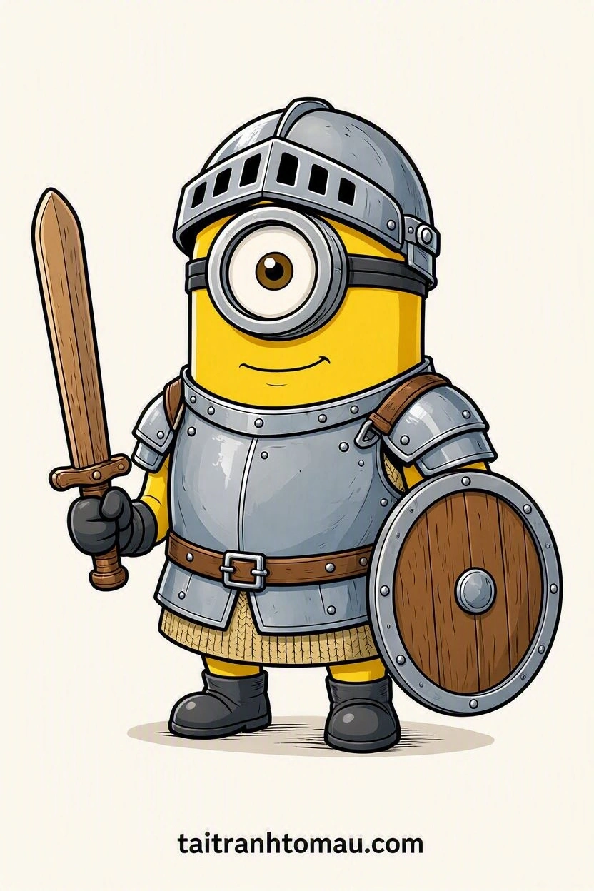 Minion_wearing_medieval_tin_knight_armor_holding_a_toy_woode