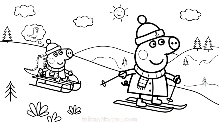 Tranh tô màu peppa pig trượt tuyết