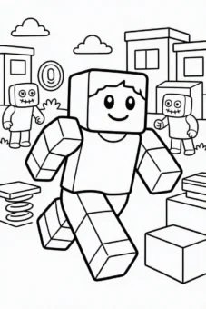 Tranh tô màu Roblox — nhân vật đầu vuông chạy tung tăng giữa phố xá