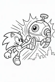 Tranh tô màu Sonic siêu tốc: cú đá xoáy của Sonic hạ gục robot Dr. Eggman