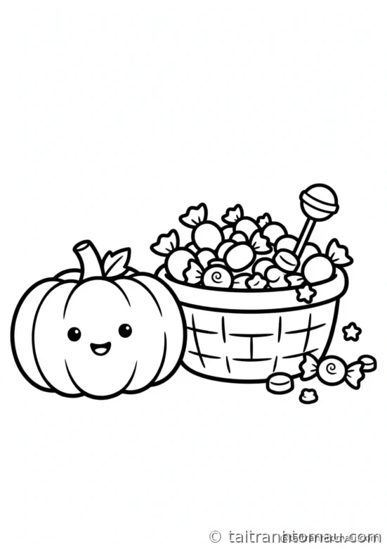 tranh tô màu bí ngô halloween: bí ngô bên giỏ kẹo đầy tràn