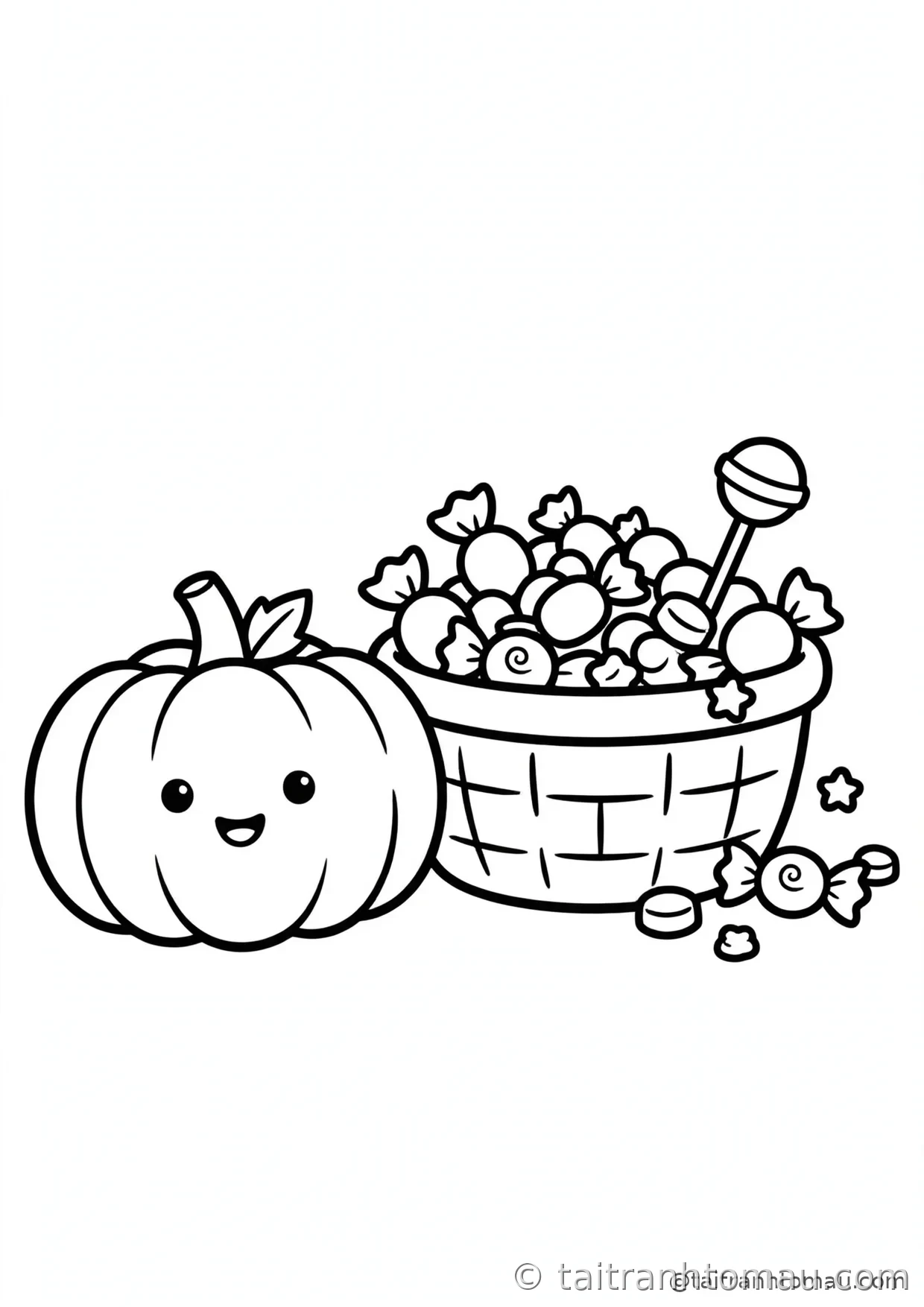 34 Tranh Tô Màu Bí Ngô Halloween Cute Cho Bé: Tải Miễn Phí 26 tranh tô màu bí ngô halloween: bí ngô bên giỏ kẹo đầy tràn