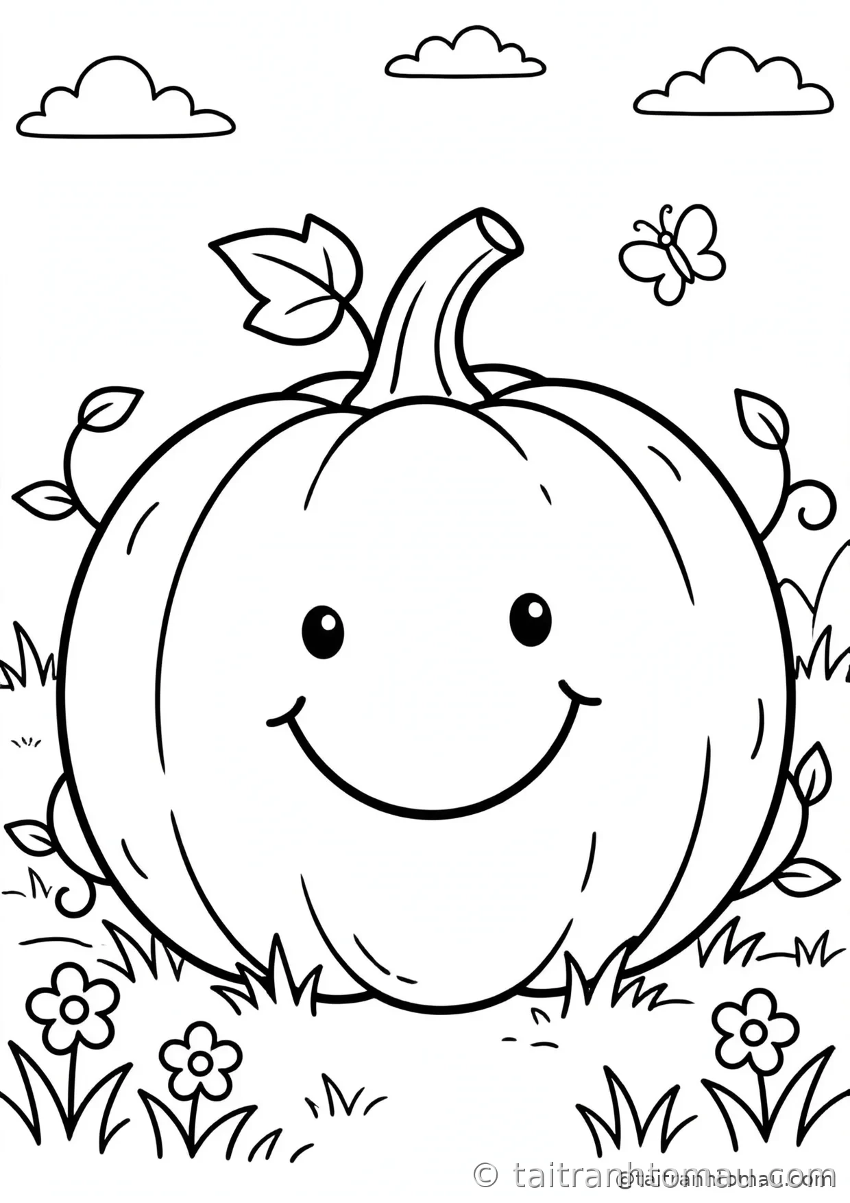 34 Tranh Tô Màu Bí Ngô Halloween Cute Cho Bé: Tải Miễn Phí 1 tranh tô màu bí ngô halloween: quả bí ngô khổng lồ cười tươi mọc giữa vườn