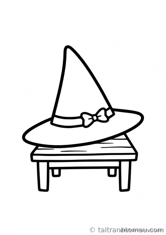 tranh tô màu halloween cho bé 3 tuổi: chiếc mũ phù thủy đặt trên bàn gỗ nhỏ
