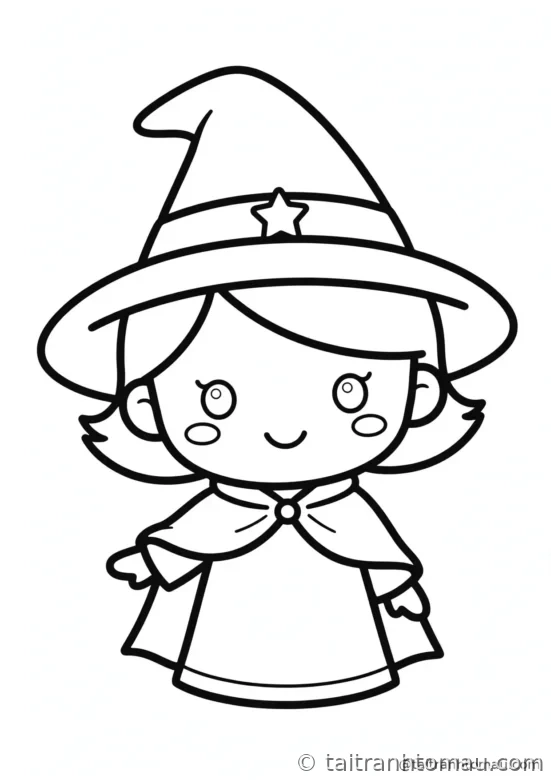 tranh tô màu halloween cho bé 3 tuổi: cô phù thủy chibi đội mũ nhọn, cười hiền