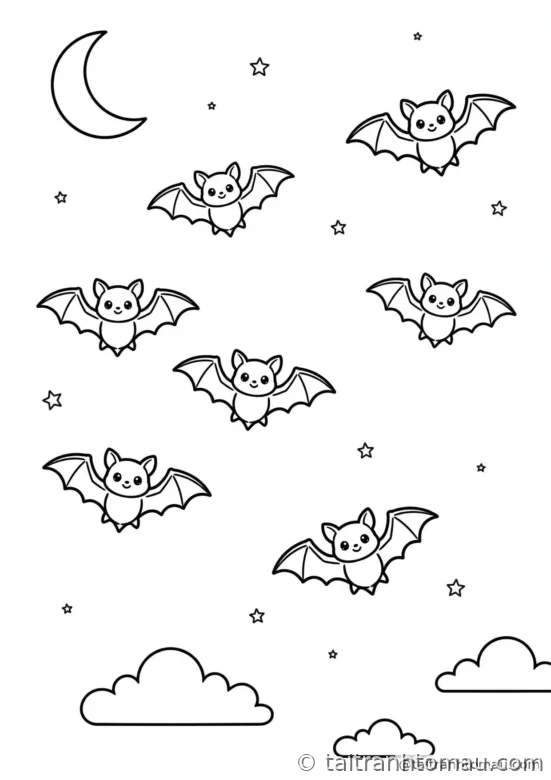 tranh tô màu halloween cho bé 3 tuổi: đàn dơi nhỏ bay lượn trên bầu trời đêm