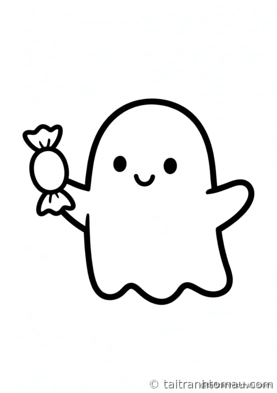 tranh tô màu halloween cho bé 3 tuổi: ma nhỏ cầm viên kẹo trên tay