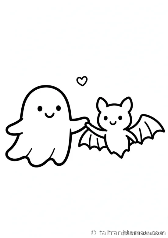 tranh tô màu halloween cho bé 3 tuổi: ma nhỏ và dơi nhỏ trở thành bạn thân