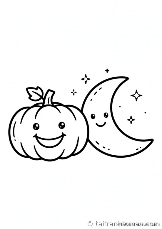 tranh tô màu halloween cho bé 3 tuổi: mặt bí ngô cười bên cạnh mặt trăng sáng