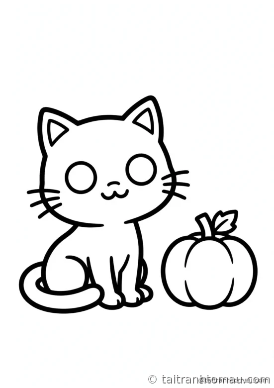 tranh tô màu halloween cho bé 3 tuổi: mèo đen ngồi cạnh quả bí ngô nhỏ