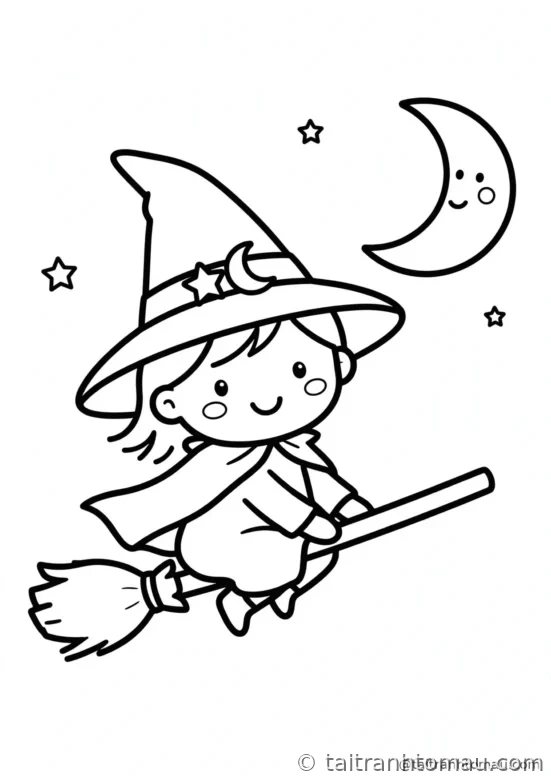 tranh tô màu halloween cho bé 3 tuổi: phù thủy nhỏ cưỡi chổi bay ngang mặt trăng