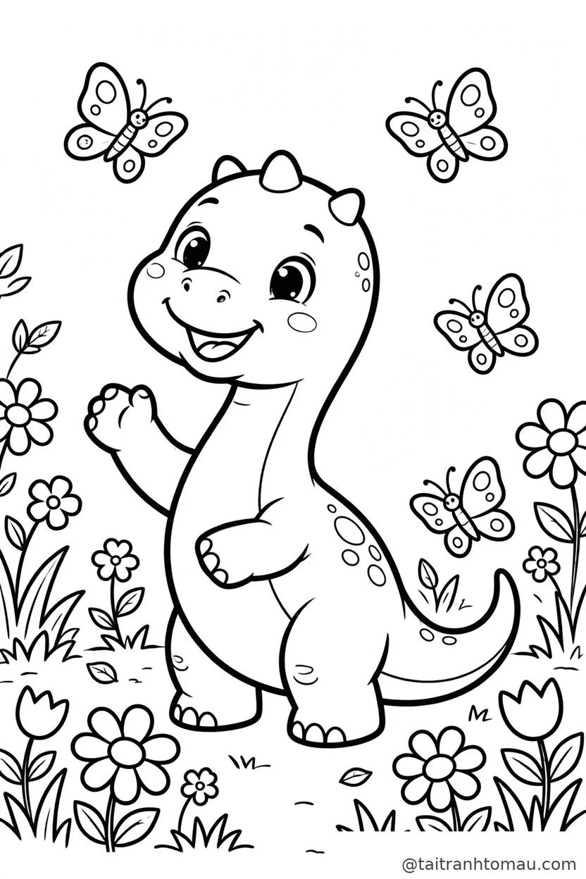 Tranh tô màu khủng long cute vẽ khủng long con đùa giỡn cùng đàn bướm trong vườn hoa
