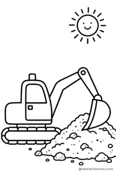 Tranh tô màu máy xúc: chiếc bánh xích đang xúc đống đất dưới nắng