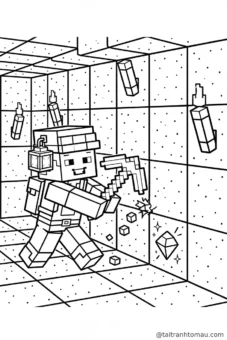 Tranh tô màu Minecraft — chú thợ mỏ reo vui khi đào được viên kim cương sáng