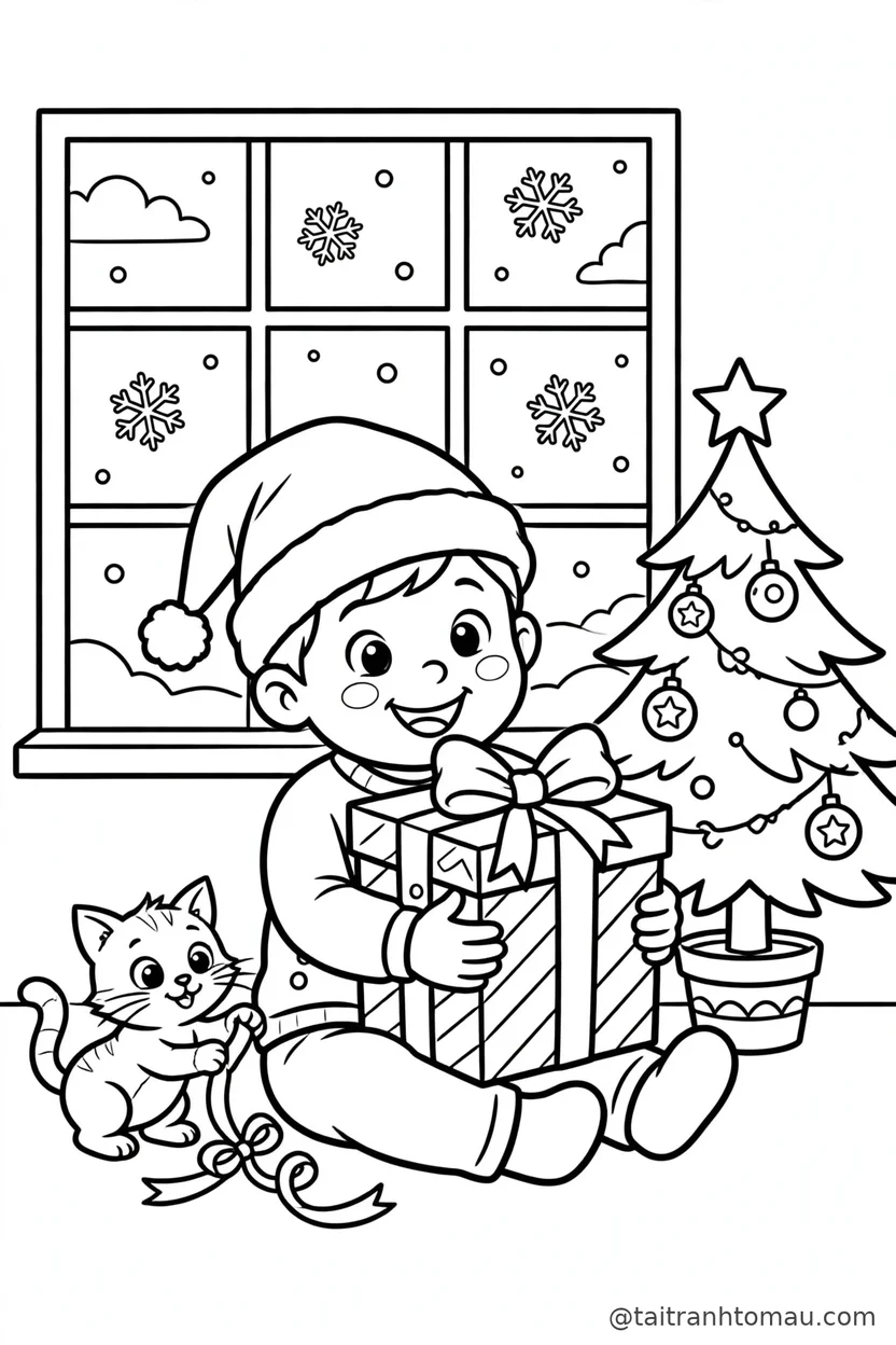 Tranh tô màu Noel — em bé đội mũ Noel ôm hộp quà bên cây thông và mèo con