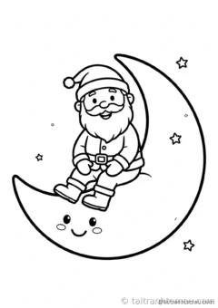 tranh tô màu ông già noel: ông già noel ngồi trên mặt trăng cười