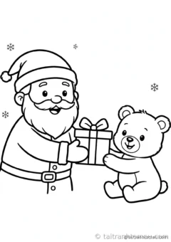 tranh tô màu ông già noel: ông già noel tặng quà cho gấu con