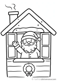 tranh tô màu ông già noel: ông già noel vẫy tay từ cửa sổ nhà gỗ ấm cúng