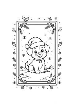Tranh tô màu thiệp Giáng sinh chú cún đội mũ Noel ngồi trên tuyết