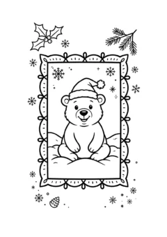 Tranh tô màu thiệp Giáng sinh gấu Bắc cực đội mũ Noel ngồi trên tuyết