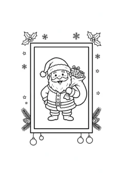 Tranh tô màu thiệp Giáng sinh ông già Noel cười tươi vác túi quà trên vai