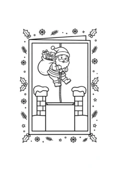 Tranh tô màu thiệp Giáng sinh ông già Noel chui ống khói vác túi quà