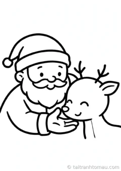tranh tô màu tuần lộc: tuần lộc dụi đầu vào tay ông già noel âu yếm