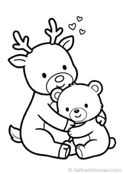 tranh tô màu tuần lộc: tuần lộc ôm gấu con nhẹ nhàng