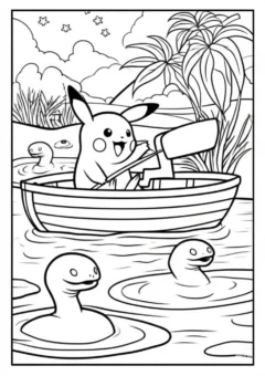 Tranh tô màu Pikachu đáng yêu đang bơi thuyền.