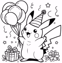 Tranh tô màu Pikachu đội mũ sinh nhật đáng yêu.
