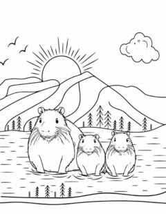 Tranh tô màu capybara - Gia đình capybara đang phơi nắng sớm