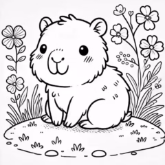 ** Tranh tô màu capybara dễ thương cầm hoa.
**