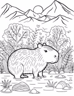 Tranh tô màu Capybara dễ thương đang ngồi chờ tô màu.