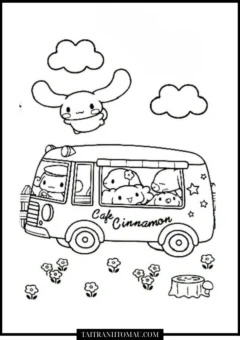 Cinnamoroll and friends coloring page riding a fun friendship bus.