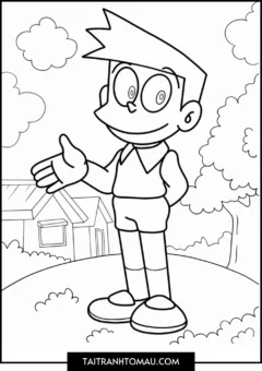 Tranh Tô Màu Doremon Cute, Doremon đứng cạnh Suneo tinh nghịch.
