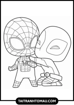 Tranh Tô Màu Người Nhện (Spider-Man) Cực Ngầu, người nhện chibi cùng bạn thân.