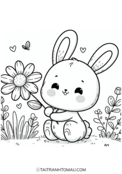 Adorable rabbit coloring page featuring a bunny hugging a large carrot.