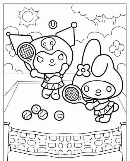 My Melody and friends coloring page featuring them playing together