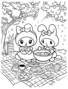 Cute My Melody coloring page showing her sitting in a flower garden